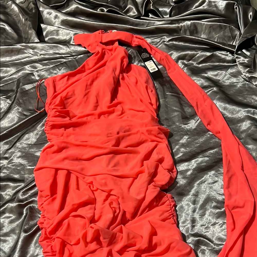 Elegant Coral Halter Ruched Midi Dress with attached scarf